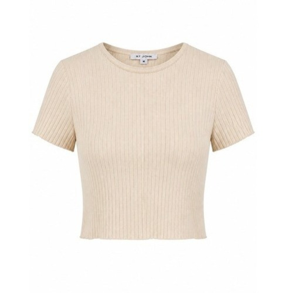 St John Ribbed Knit Short Sleeve Top Cream Beige Crew Neck Size M Santana Knit